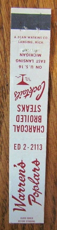 Warrens Poplars (Grapevine Restaurant) - Old Matchbook (newer photo)